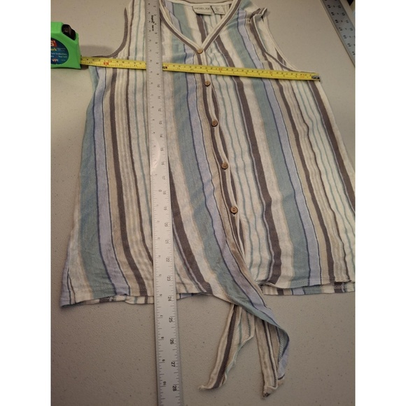 Rachel Zoe Large Gray Blue Striped V-Neck Tie Front Coastal Boho Blouse - Picture 3 of 9